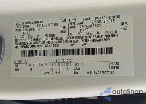 2025 Ford Escape Active z USA, uszkodzony, nr VIN 1FMCU0GN2SUA41935